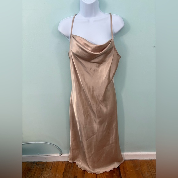Bebe Gold-beige  Satin Cowl Neck Nightgown Midi Slip Dress Size M Vamp Feminine - Picture 1 of 6